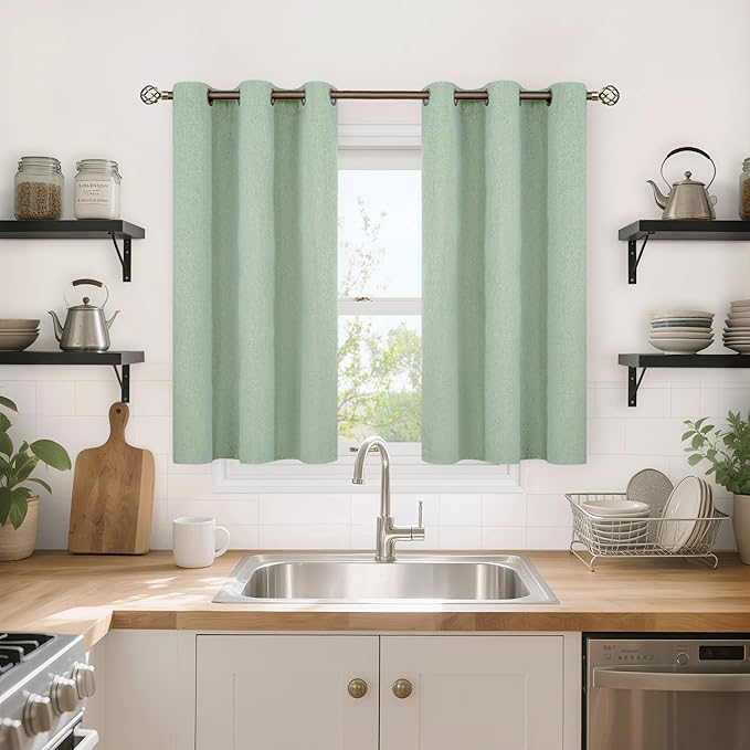 YoungsTex Light Green Linen 100% Blackout Curtains 40 Inch Length, Short Thermal Insulated Drapes with Grommet Privacy for Bedroom Window, 2 Panels, 42 X 40 Inch
