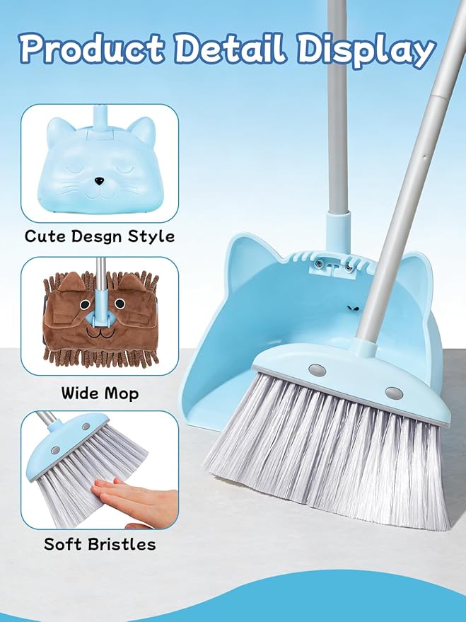 Kids Cleaning Toy 3-Piece Set - Broom, Dustpan & Mop | 28-Inch Mini Broom, Toddler Household Helper, Perfect Tool for Cleaning Tiny Corners, Adorable Cartoon Style (Blue)