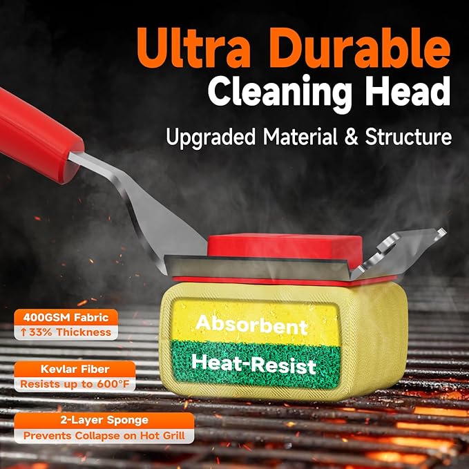 Bristle Free Grill Brush with Scraper for Outdoor Grill Cleaning, Safe Steam BBQ Grill Cleaner, Replaceable Head, Grilling Accessories for Cast Iron, Stainless Steel, Porcelain, Ceramic Grates - Red