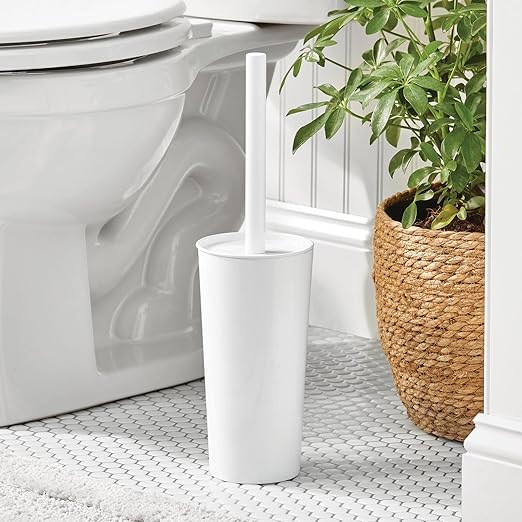 mDesign Metal Freestanding Slim Toilet Bowl Brush and Holder + Rectangle Narrow 5 Liter / 1.3 Gallon Step Pedal Trash Can Wastebasket for Bathroom - Small, Compact Design - Set of 2 - White