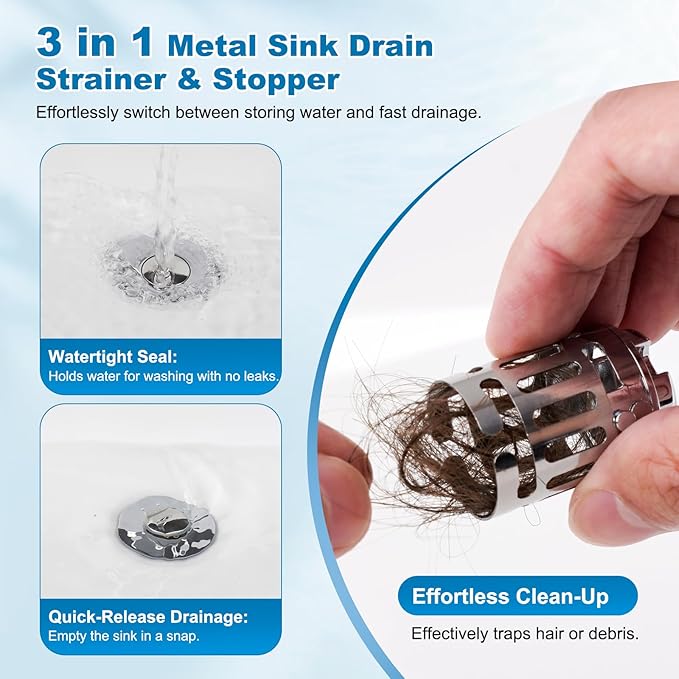 Hibbent Universal Bathroom Sink Drain Strainer, Upgraded 3 in 1 Pop Up Stopper with Removable Stainless Steel Filter Basket, Brass Bullet Core, Hair Catcher Sink Plug for 1.1''~2.36'' Hole, Chrome