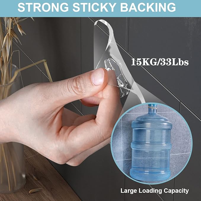 Wall Hooks - 33 lbs Max, Transparent, Seamless, Waterproof & Oilproof, Heavy Duty Adhesive Coat & Towel Hooks (10 Pack)