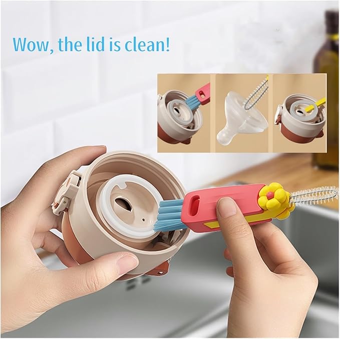 3 in 1 Cup Lid & Crevice Cleaning Brush - Sealing Cover & Straw Cleaner for Food Storage Containers (1, Multi)