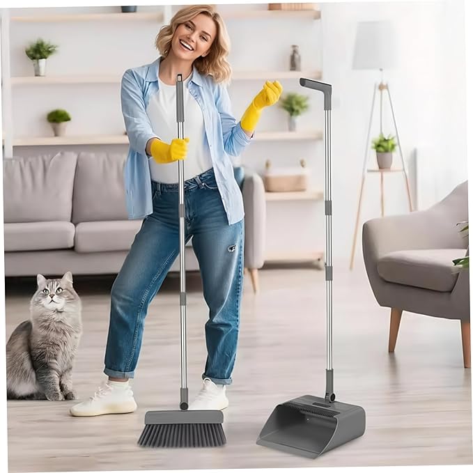 Broom Dustpan 3-in-1 90° Stand up Heavy Duty Dust Pan and Broom Set with Long Handle 180° Rotation for Indoor & Outdoor Sweeping