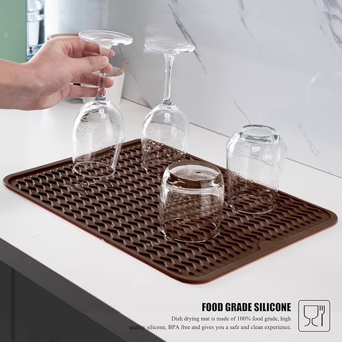 Large 14" x 11" Silicone Dish Drying Mat for Kitchen Counter, Easy clean, Quick Dry, Heat-resistant Dish Drainer Mat for Sink,Refrigerator or Drawer liner (Food Grade Silicone-Coffee)