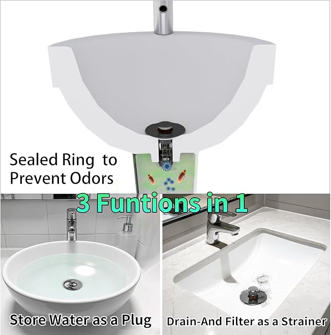 Sink Stopper Bathroom Drain,Universal Bathroom Sink Drain Strainer with Anti-Clogging Basket,Bathroom Sink Stopper Hair Catcher for 1.06"~1.61" Drain Hole