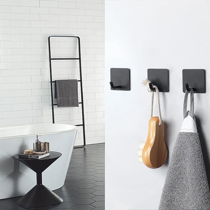 NearMoon Adhesive Hooks- Heavy Duty Bath Wall Hooks Waterproof Stainless Steel Towel Hangers Stick on Wall Clothes Holders for Bathroom Kitchen Home, 5 Pack (Matte Black)