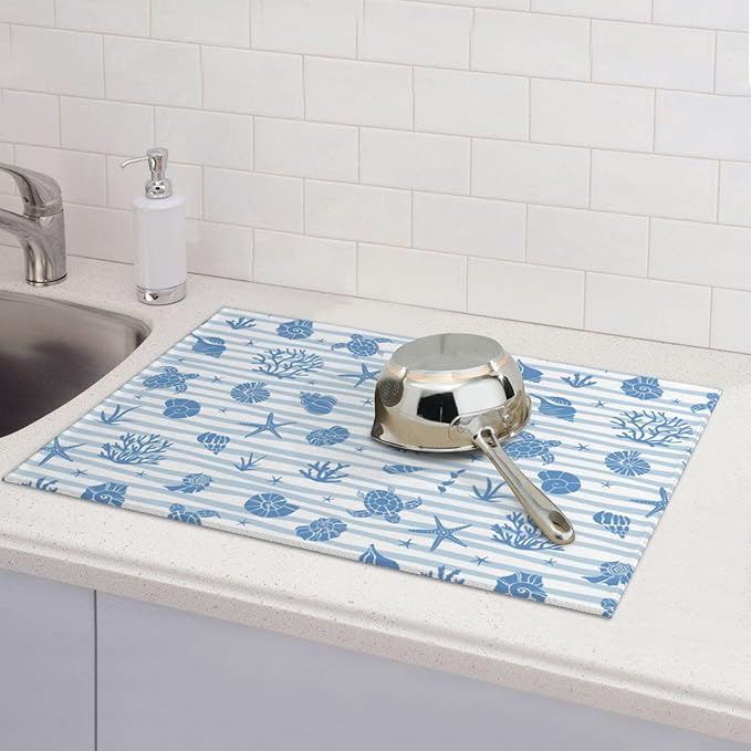 Beach Dish Drying Mat, for Summer Kitchen Counter Microfiber Absorbent, Ocean Sea Dish Draining Mat Extra Large 18"x24"