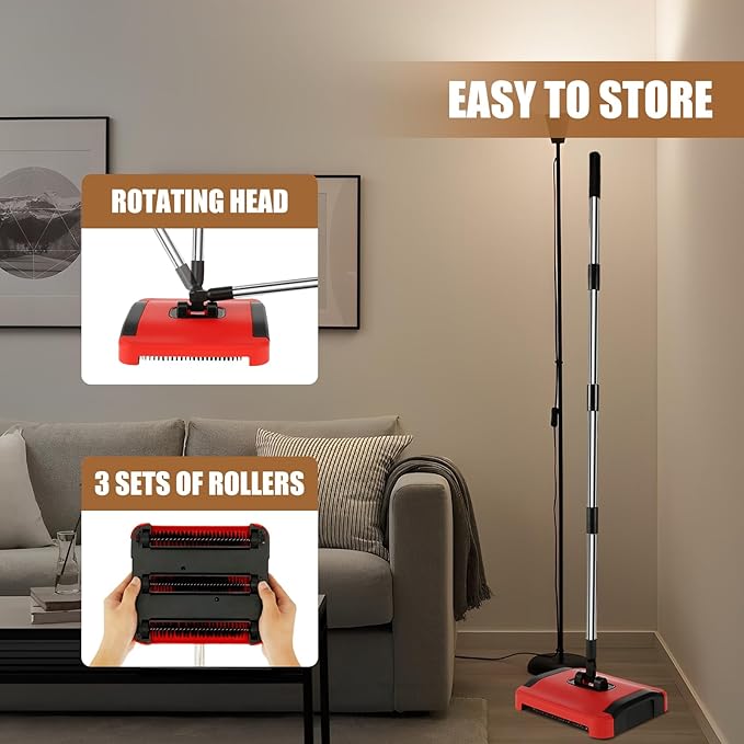BS Carpet Floor Sweeper with Horsehair Manual Carpet Sweeper Cleaner Non-Electric Carpet Broom Sweeper Efficient Hand Push Carpet Sweeper Rug Roller Brush Push for Cleaning Pet Hair Loose Debris Lint