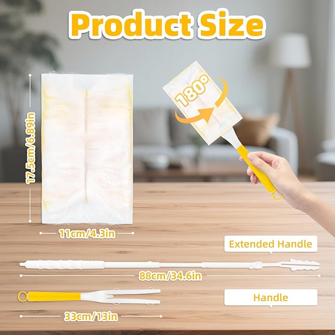 Heavy Duty Dusters Refills, Disposable Dusters Kit Compatible with Swiffer Handles, Multisurface Dusters+1 Extended Handle +1 Handle (Yellow, 180°)