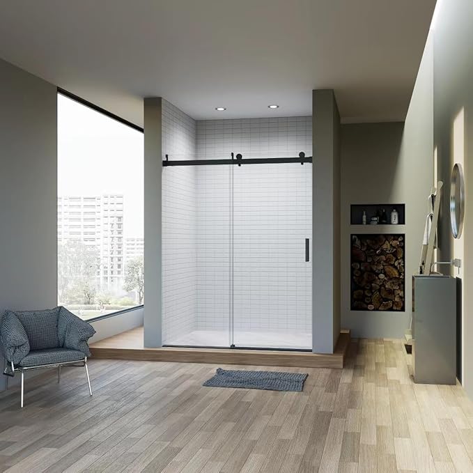 56-60" W x 76" H Frameless Single Sliding Glass Shower Doors Soft-Close with Buffer, Reversible Installation and 3/8"(10mm) ANSI Clear Tempered Glass, Matte Black