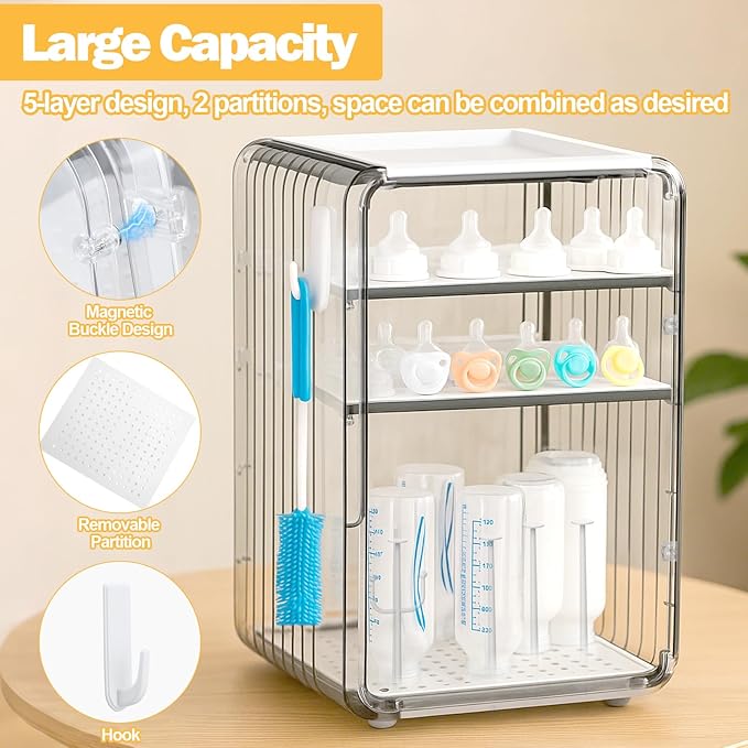 XANGNIER Baby Bottle Organizer,Clear Baby Bottle Storage Organizer for Countertop and Cabinet,with Drying Rack and Hook,Space-Saving,Multifunctional Station Organizers Accessories