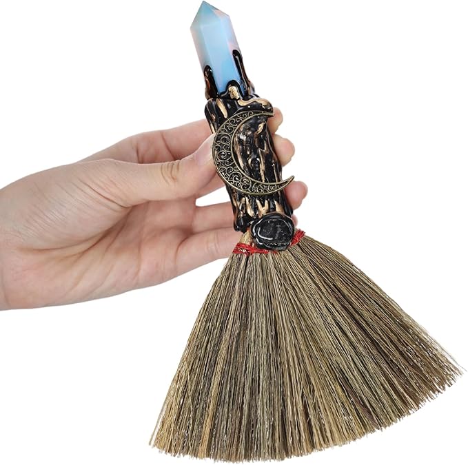 Crystal Witch Altar Broom - Witchcraft Supplies with Opal Wiccan Stuff Moon Magic Broomstick with Natural Healing Crystals Hexagonal Points Pagan Fengshui Reiki Energy Clearing Gift