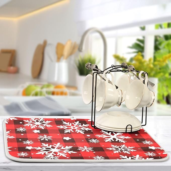 Snowflakes Christmas Checkered Plaid Dish Drying Mat for Kitchen Counter Absorbent Microfiber Drying Pad, Medium 16x18 in