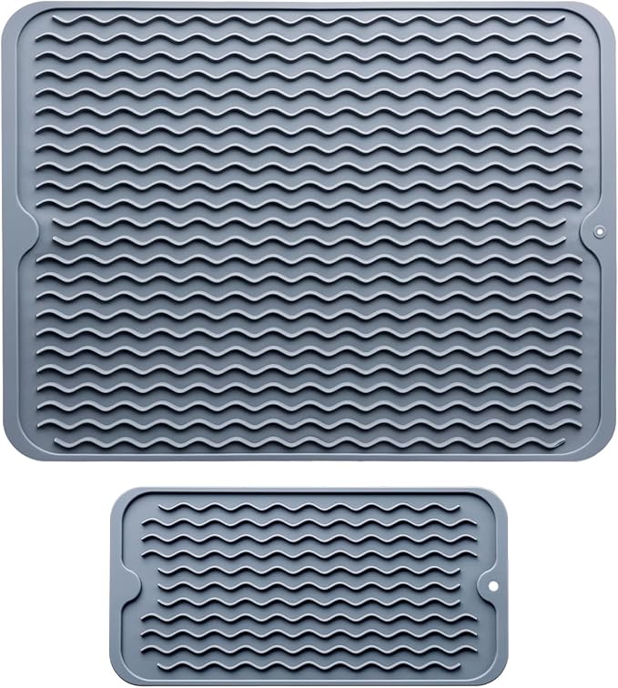 Silicone Dish Drying Mat - 2 Packs of Non-Slip Silicone Mat Easy Clean Drying Mat Large Heat-Resistant Dish Drainer Mat for Kitchen Counter, Sink, Refrigerator or Drawer Liner(16"x12", 12''x 6'' GREY)