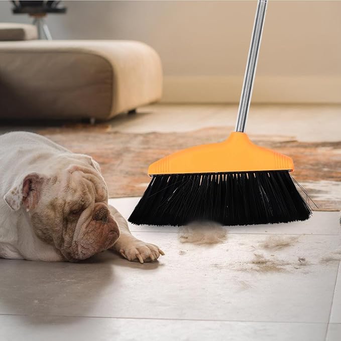 Housoutil Soft Bristle Broom with Dustpan Set, Stainless Steel Handle Floor Broom for Pet Hair and Hair Removal, Wide Angle Indoor Outdoor Sweeping Tool for Home Kitchen Office Cleaning