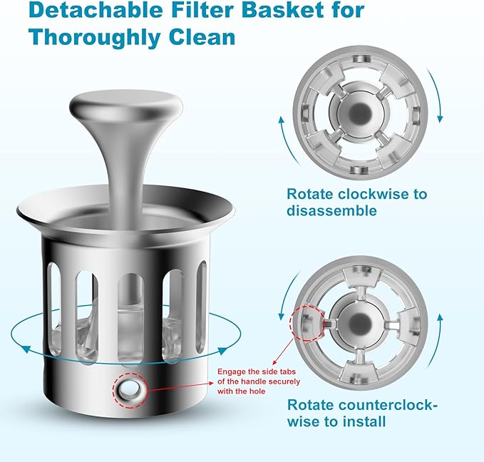 Universal Bathroom Sink Drain Strainer Hair Catcher Upgraded with Visible Top Stainless Basket, 3 in 1 Pop Up Sink Stopper for 1.1''~2.36'' Sink Basin Hole, Chrome