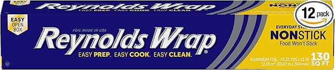 Reynolds Wrap Non Stick Aluminum Foil,Nonstick Aluminum Foil Roll,Prevents Food Sticking and Messy Cleanup,Great for Covering Casseroles and leftovers,43.33 Yards x 12 Inches,130 Sq.Ft.,(Pack of 12)