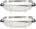 Suwimut 2 Pack Over the Sink Oval Colander for Kitchen, Stainless Steel Fine Mesh 6 Quart Strainer Basket with Expandable Rubber Grip Handles for Straining, Draining, Rinsing Fruits, Vegetables