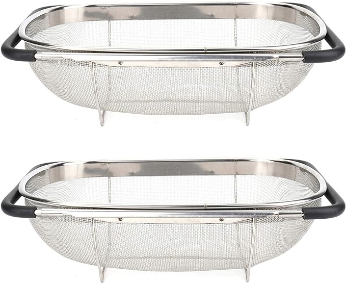 Suwimut 2 Pack Over the Sink Oval Colander for Kitchen, Stainless Steel Fine Mesh 6 Quart Strainer Basket with Expandable Rubber Grip Handles for Straining, Draining, Rinsing Fruits, Vegetables