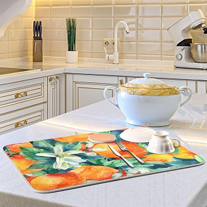 Tarity Watercolor Orange Dish Drying Mat for Kitchen Counter Absorbent Heat Resistant Microfiber Dishes Drainer Mat 18x24 in Large Dish Pad Sink Mat Protective Pad Kitchen Decor