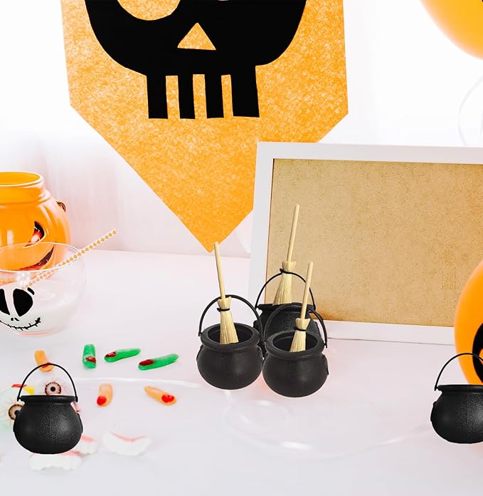 Mini Plastic Cauldron and Mini Broom Halloween Decorations Witch Pot Black Buckets for Halloween Party Birthday St.Patrick's Day, DIY Crafts Accessories (6Pcs Black Buckets+6Pcs Broom Sticks）