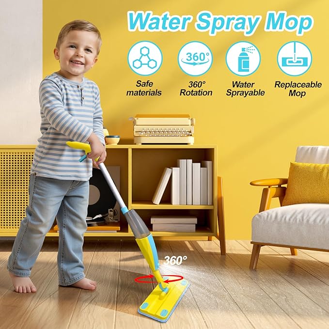 Spray Mop Kids Montessori Love Toy Set with Real Water Sprayer 3PCS Washable pads Squeeze Working Mini Size Kids Spray Mops Cleaning Toy Set That Really Work for Toddler 3-8 Floor Cleaning Dust