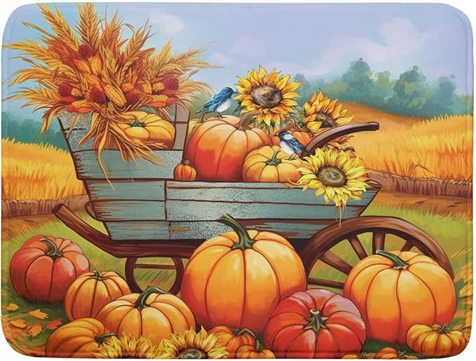 Thanksgiving Autumn Harvest Pumpkin Dish Drying Mat for Kitchen Counter,Sunflowers and Cart Drying Mat 18 x 24 Inch Microfiber Dish Drying Pad Ear of Rice Dish Rack Drainer Mat for Coffee Bar