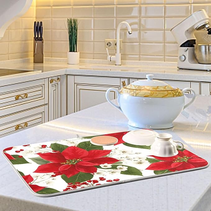 Red Poinsettias with Holly Dish Drying Mat for Kitchen Counter Super Absorbent Drying Mat 18x24 inch Large Dish Drying Matts for Countertop Protector Dishes Pad