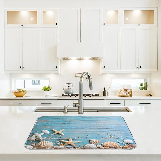 Dish Drying Mat for Kitchen Absorbent Drying Mat Reversible Kitchen Drying Pad for Utensils Pots Water Cup Sea Star Shell