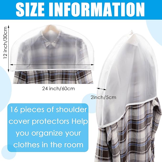 Patelai 16 Pcs 2" Gusseted Shoulder Covers for Hanging Clothes 24" x 12" Plastic Garment Dust Covers Protectors for Closet Storage Suit, Coats, Jackets, Dress Closet Storage(Translucent)