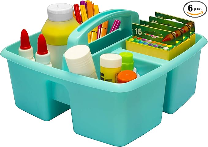 Storex 3-Compartment Small Caddy – Multipurpose Classroom Organizer with Handle, Teal, 6-Pack (00952U06C), 9.25 x 9.25 x 5.25 Inches