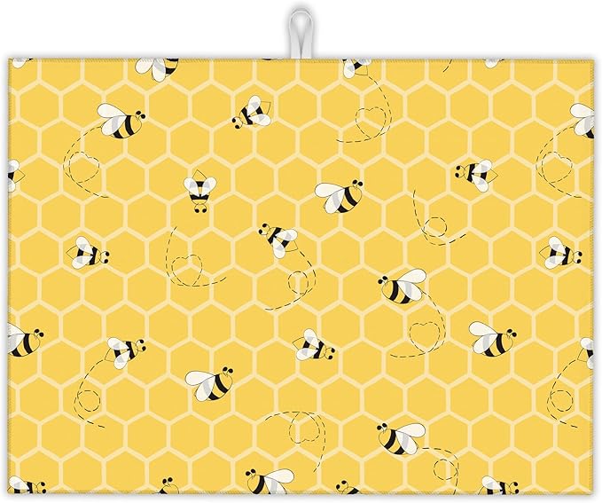 Yellow Bees Dish Drying Rack Mats Decor,Honey Honeycombs Dish Pad Drying Mat Kitchen Counter 18x24 Inch Absorbent Reversible Microfiber for Coffee Bar Sink Countertop