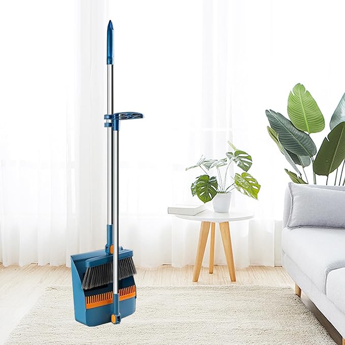Broom with Dustpan Combo Set 180-degree Rotatable Brooms and Dustpan Set Non-Stick Hair Dustpan Sweeping Brooms Vertical Storage Broom Set Dust Pan and Broom Set for Dog Cat Pets Home Use (Bule)