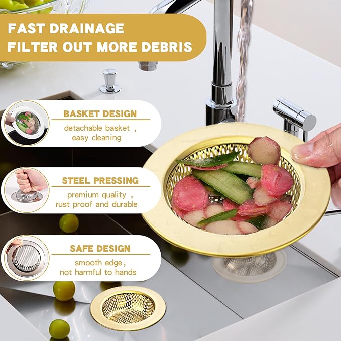 RQYEKDO 2-Pack Kitchen Sink Strainer Stainless Steel with Fine Mesh | 4.4" Wide Rim Drain Strainer | Fits Standard Sinks & Garbage Disposals (Gold)