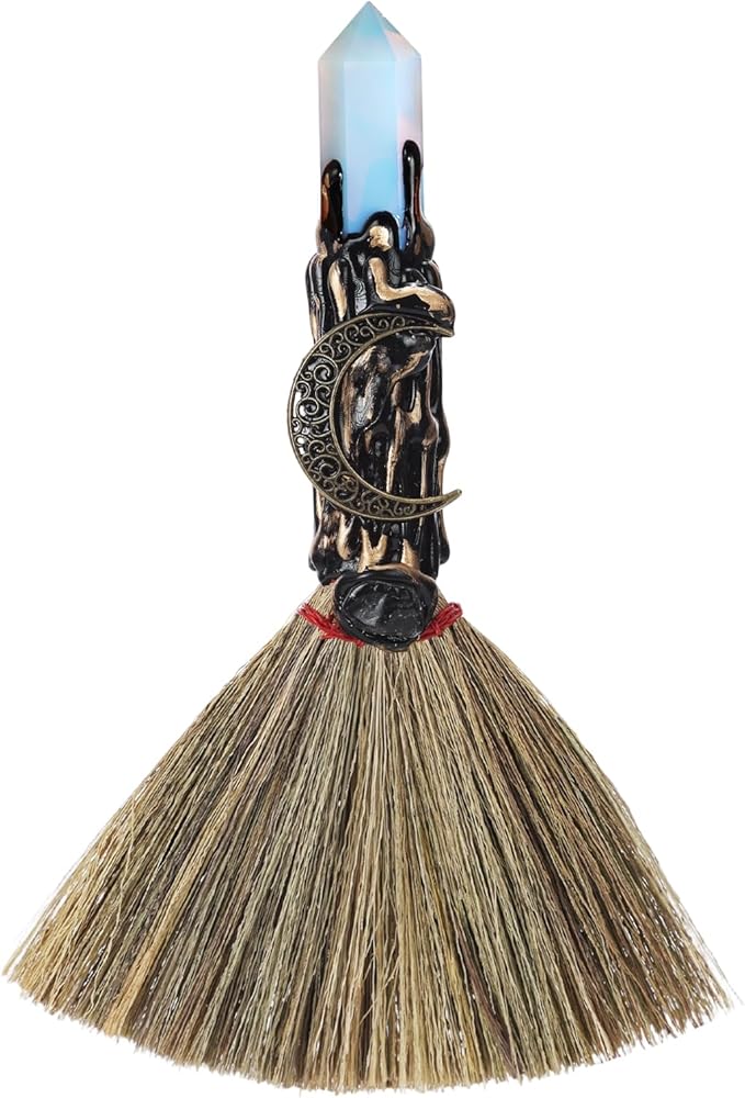 Crystal Witch Altar Broom - Witchcraft Supplies with Opal Wiccan Stuff Moon Magic Broomstick with Natural Healing Crystals Hexagonal Points Pagan Fengshui Reiki Energy Clearing Gift