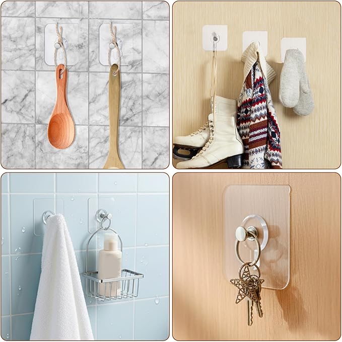 20Pcs Heavy Duty Self Adhesive Hooks, No-Trace Sticker Frame Hangers Without Nails for Mount Wall Shelf, Transparent Self Adhesive Shower Hooks for Keys, Bathroom, Shower, Outdoor