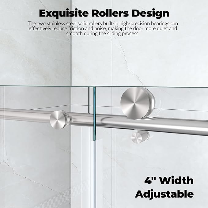 44-48" W x 76" H Frameless Sliding Shower Door，5/16" Thick Tempered Clear Glass with Explosion-Proof Film,Easy-to-Clean Coating,Handle and Seal Strip, Brushed Nickel