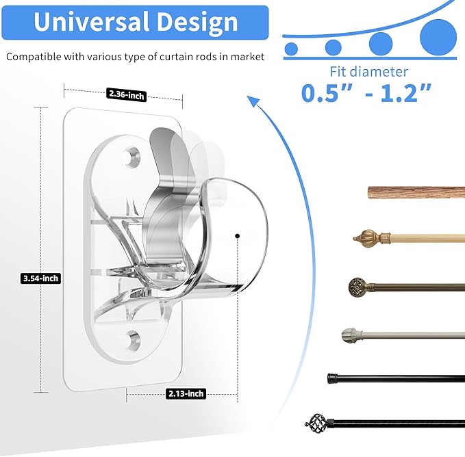 ANDGOO 10 Pack No Drill Curtain Rod Brackets, Renter Friendly Self Adhesive Curtain Rod Holders, Heavy Duty No Drilling Curtain Rod Hooks for Apartment Bedroom Bathroom Dorm Kitchen, Transparent