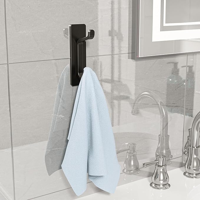 Self Adhesive Wall Hooks for Hanging: Extra Strong 13 LB, Hook for Coat, Towel in Bathrooms, Shower, Kitchen, Wall, Door Hook, Black 6 Pack