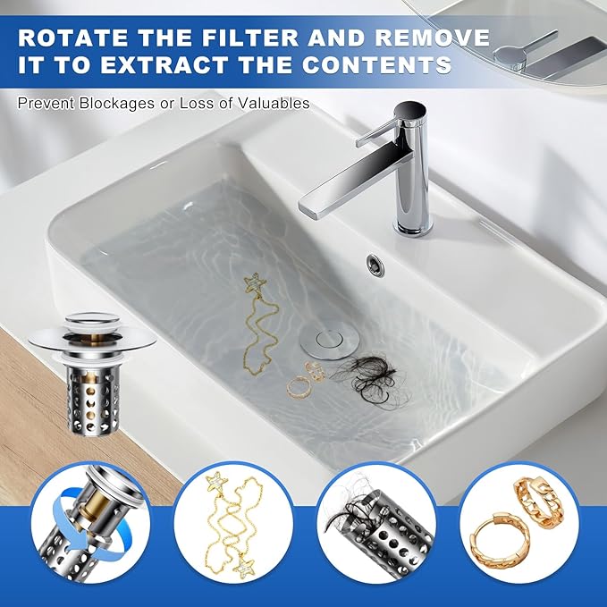 Upgraded Bathroom Sink Stopper, Sink Drain Strainer for 1.1-1.45 Inch, Brass Bullet Core, All Metal Cover, Pop Up Stainless Steel Drain Filter with Basket Hair Catcher, Round Design