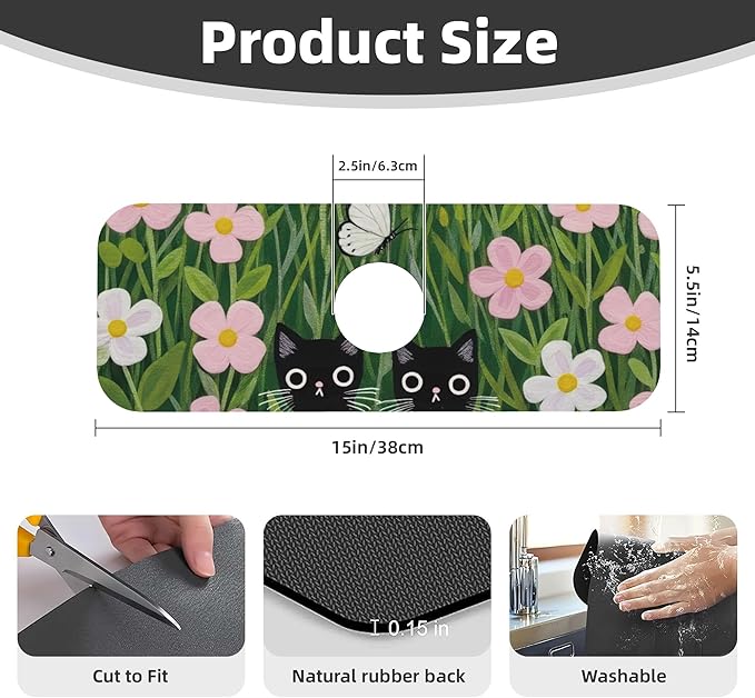 Pink Floral Cat Dish Drying Mat for Kitchen Counter, 18"x24" Microfiber Absorbent Fast Dry Mat, 2Pcs Dish Mat Faucet Mats Sets, Large Drying Kitchen Mat Kitchen Drying Pad Coffee Bar Decor Gifts