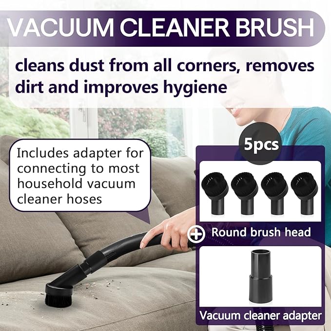 5PCS Fiber Brush Vacuum Attachment Set - Black Round Vacuum Attachments & Brushes - Shop Vac Brush Attachment for Most Vacuum Cleaners Accessories - 1 1/4" Vacuum Attachments Included