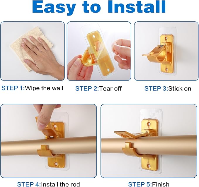 Antimbee 6PCS Self Adhesive Curtain Rod Bracket, No Drilling Curtain Rod Holders, 20lbs Load Capacity Golden Hangers for Dorm, Bathroom, Living Room, Kitchen