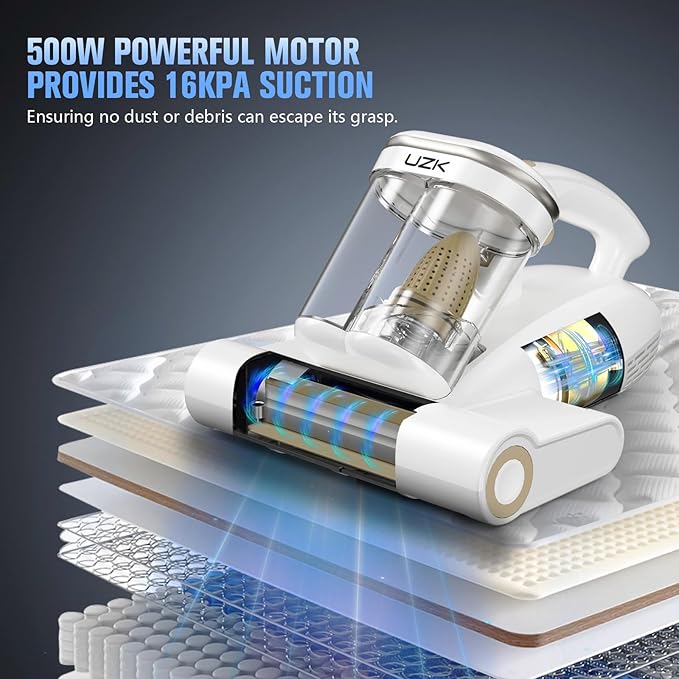 Bed Vacuum Cleaner Mattress Vacuum Cleaner,16Kpa Powerful Handheld Vacuums with UV-C Light & Double Dust Cup & High Heating & Ultrasonic & HEPA Filter for Bed Sofa(Corded,Grey White)