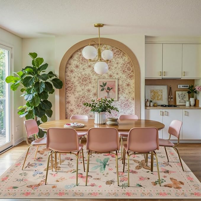 5x7 Pink Washable Area Rugs for Bedroom,Girls Room,Nursery Room,Living Room -Insect Floral Boho Vintage Rug,Soft & Non-Slip,Low Pile Wool Carpet for Indoor Dining Room,and Kids Room(Pink)