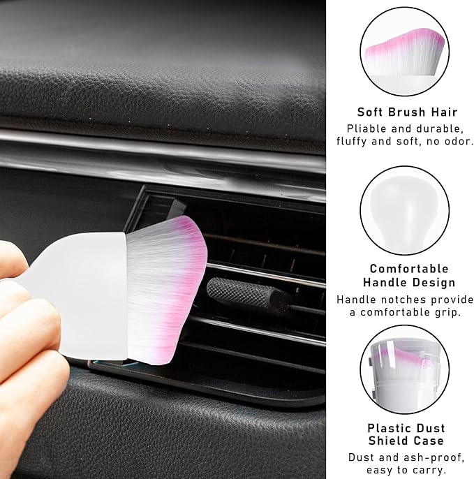 Car Interior Dust Brush, Soft Scratch Free Auto Detailing Brushes, Universal Vehicle Interior Cleaning Tool for Automotive Dashboard, Air Vents, Leather(White & White & Pink)