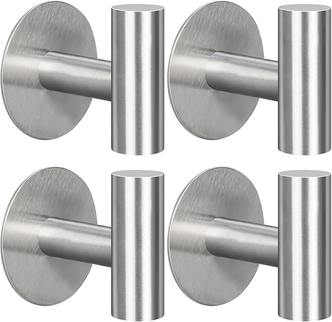 4 Pack Adhesive Hooks, Heavy Duty Adhesive Wall Hooks, Waterproof Stainless Steel for Bedroom Kitchen Hotel Office(4 Pack, Brushed Nickel)