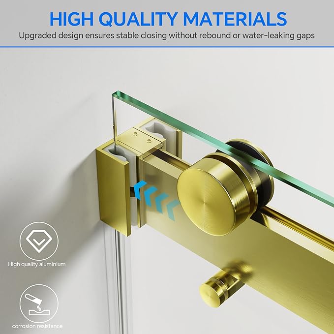 Frameless Sliding Shower Door, 60" W x 76" H Glass Shower Door with 5/16" (8mm) Clear Tempered Safety Glass, Stainless Steel Hardware, Double Sliding Shower Door, Brushed Gold