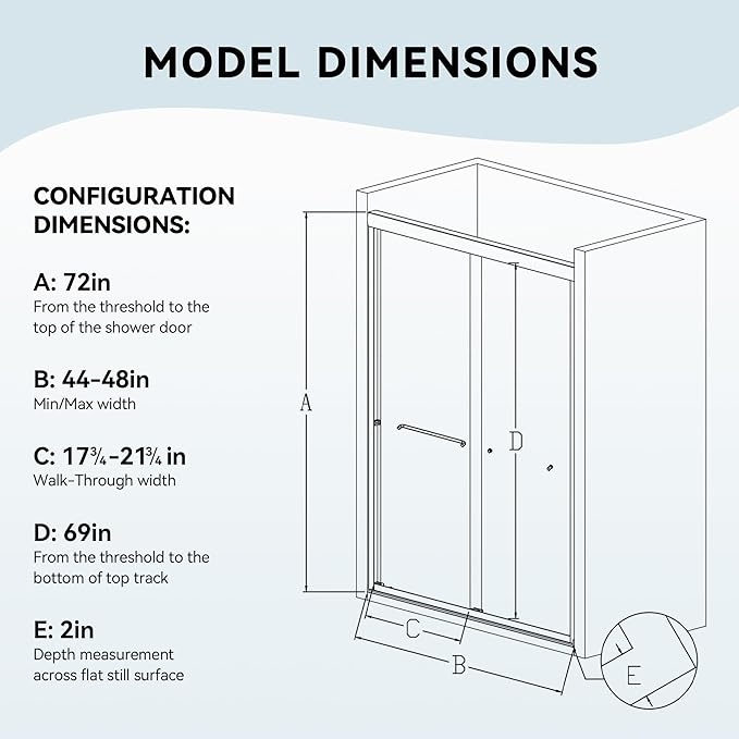 44-48" W x 72" H Bathroom Double Sliding Shower Door, Semi-Frameless Shower Glass Doors with 1/4" (6mm) Clear SGCC Tempered Glass and Stainless Steel Handles, Easy to Install, Chrome